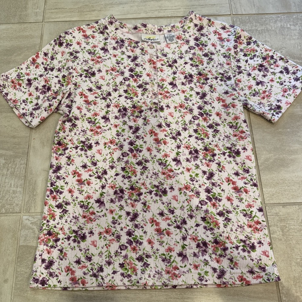 Chic Henley Shirt womens S Purple Floral Crew Vintage Cotton Grandmacore Cottage
